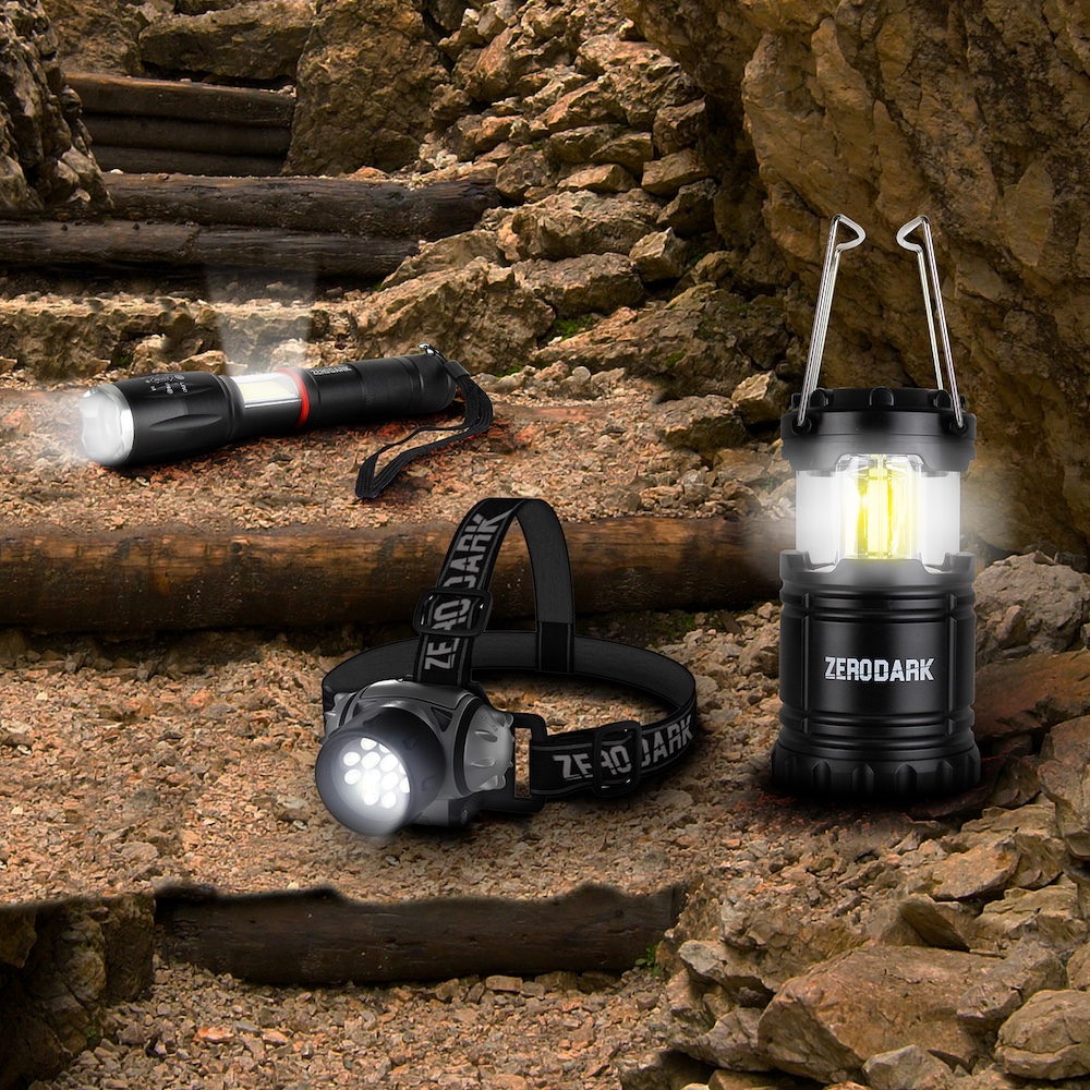 3 PC TACTICAL LIGHTING SET w/ FLASHLIGHT, LANTERN, & HEADLAMP Header Image